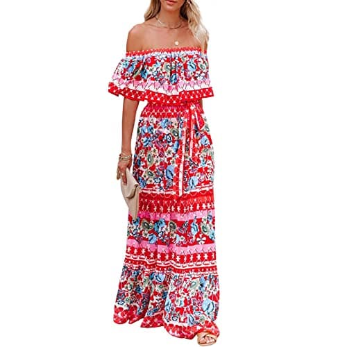 Mexican Floral Print Off The Shoulder Maxi Dress for Women