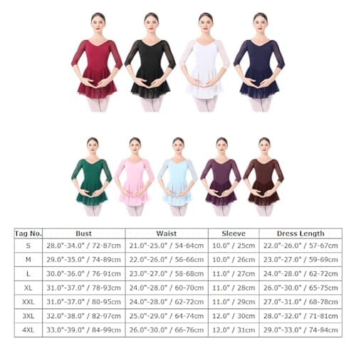 ODASDO Women's 3/4 Sleeve Skirted Leotard with Built-in Panty for Teens and Adults Ballet Outfit