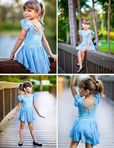 Arshiner Shiny Ruffle Sleeve Ballet Leotard with Skirt Dance Dresses