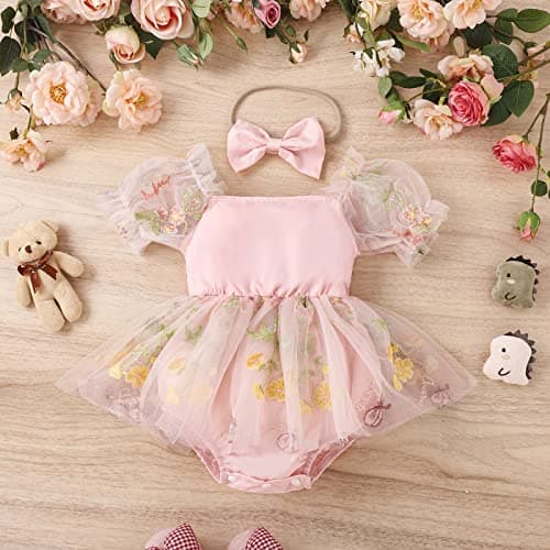 Baby Girls Birthday Party Dress with Flower Embroidery Short Sleeve Sundress and Headband