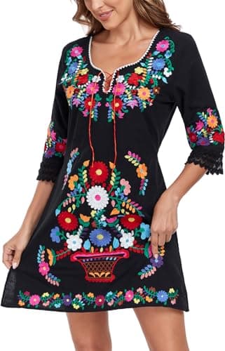 YZXDORWJ Women's Mexican V-Neck Fiesta Dress with Short Sleeves