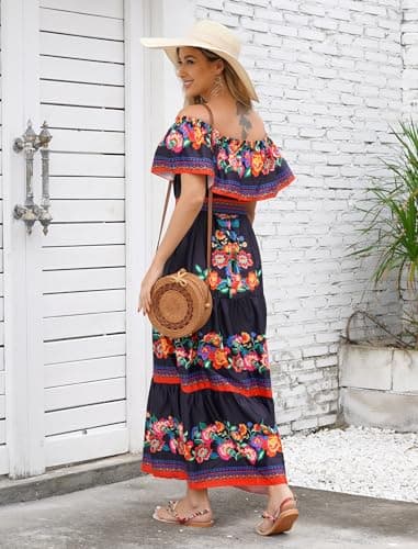 Off Shoulder Floral Print Mexican Maxi Dress for Women