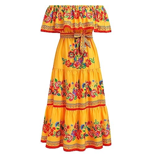 Off Shoulder Floral Print Mexican Maxi Dress for Women
