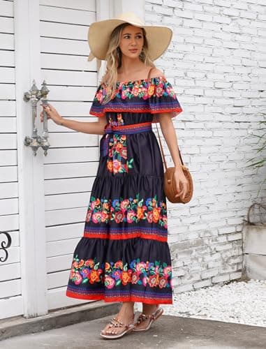 Mexican Floral Off Shoulder Maxi Dress for Women
