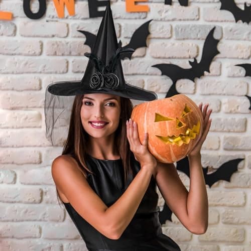 Women's Halloween Witch Hat with Veil, Roses, and Feathers for Cosplay Parties