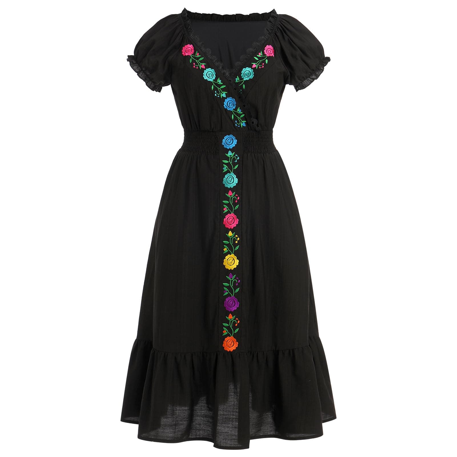 ABE-HIK Women's Floral Embroidered Mexican Fiesta Dress for Cinco de Mayo