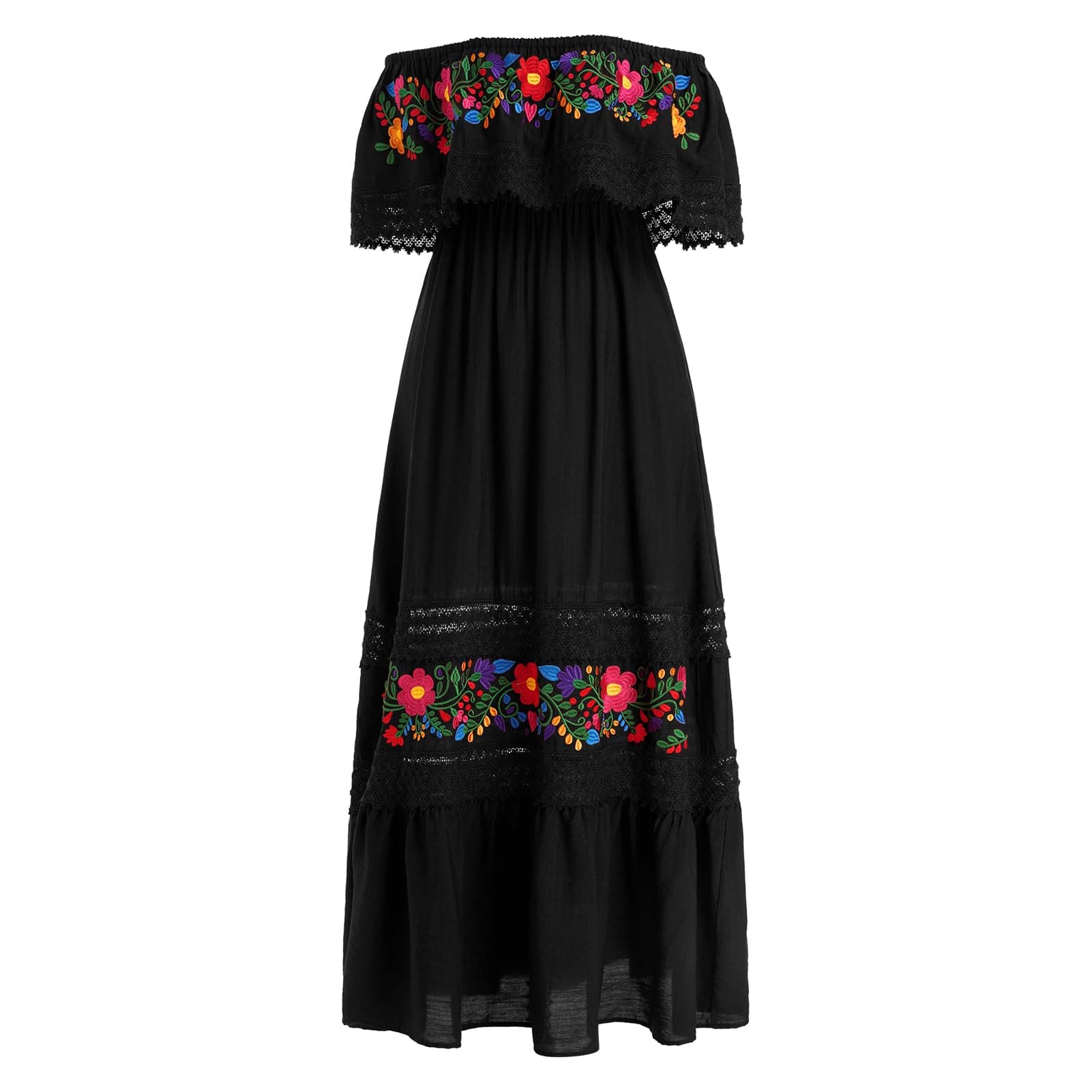 ABEHIK Women's Off-Shoulder Embroidered Mexican Maxi Dress for Cinco de Mayo