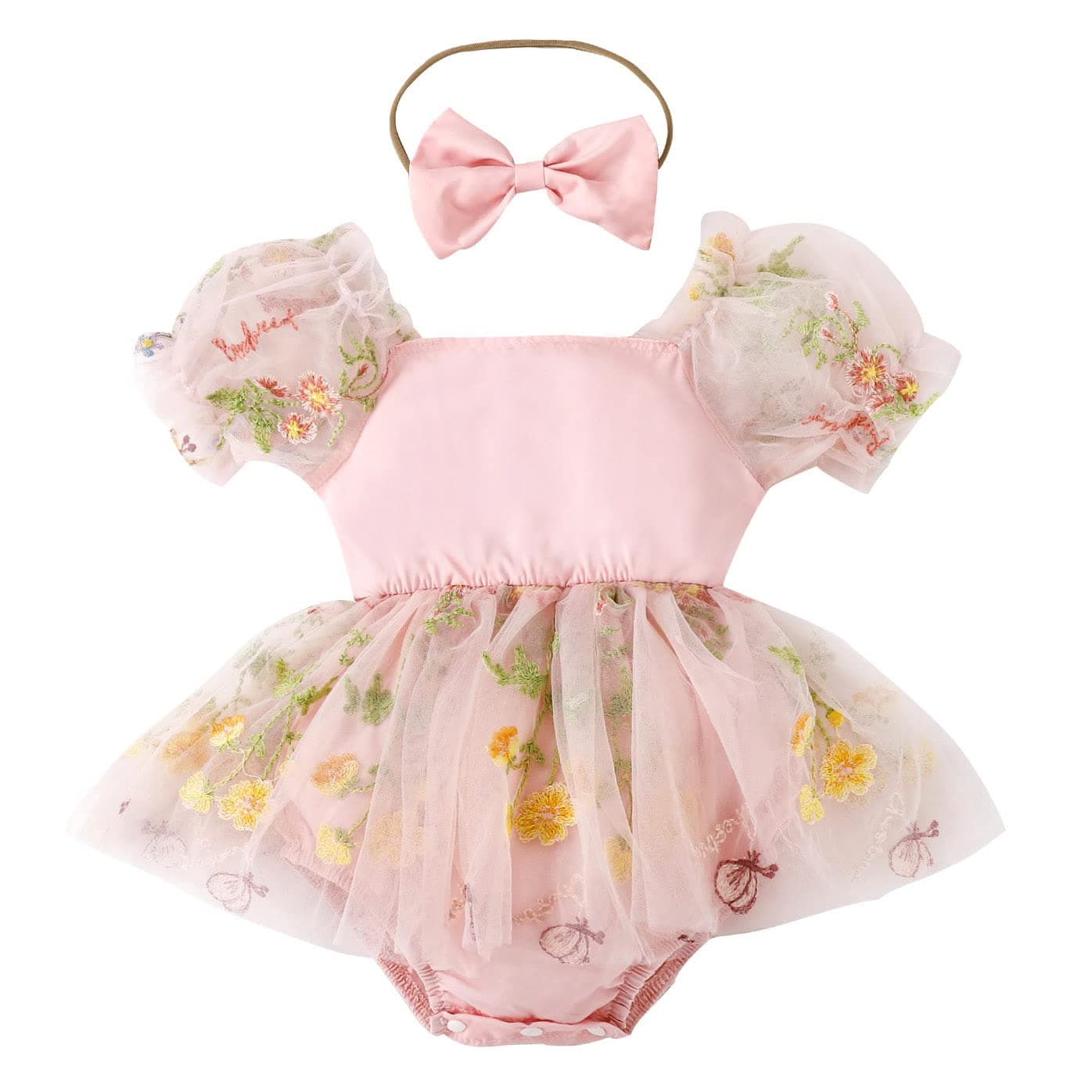 Baby Girls Birthday Party Dress with Flower Embroidery Short Sleeve Sundress and Headband