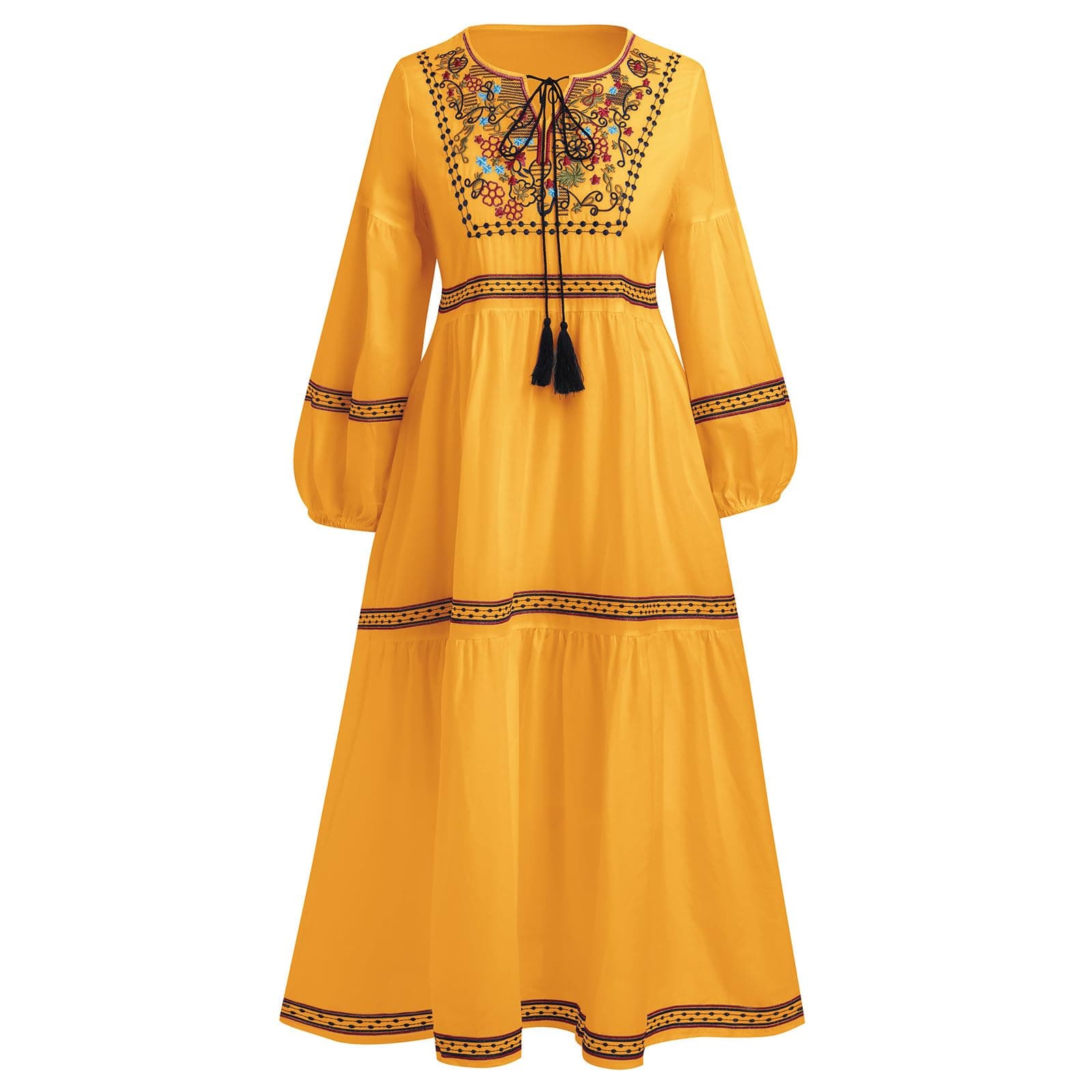 Traditional Mexican Embroidered Floral Peasant Midi Dress for Women