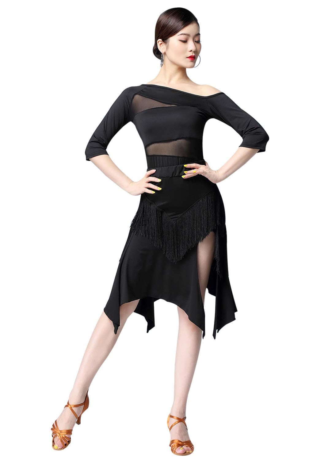 Women's Latin Salsa Dance Dress with Fringe Skirt - 2 Piece Outfit