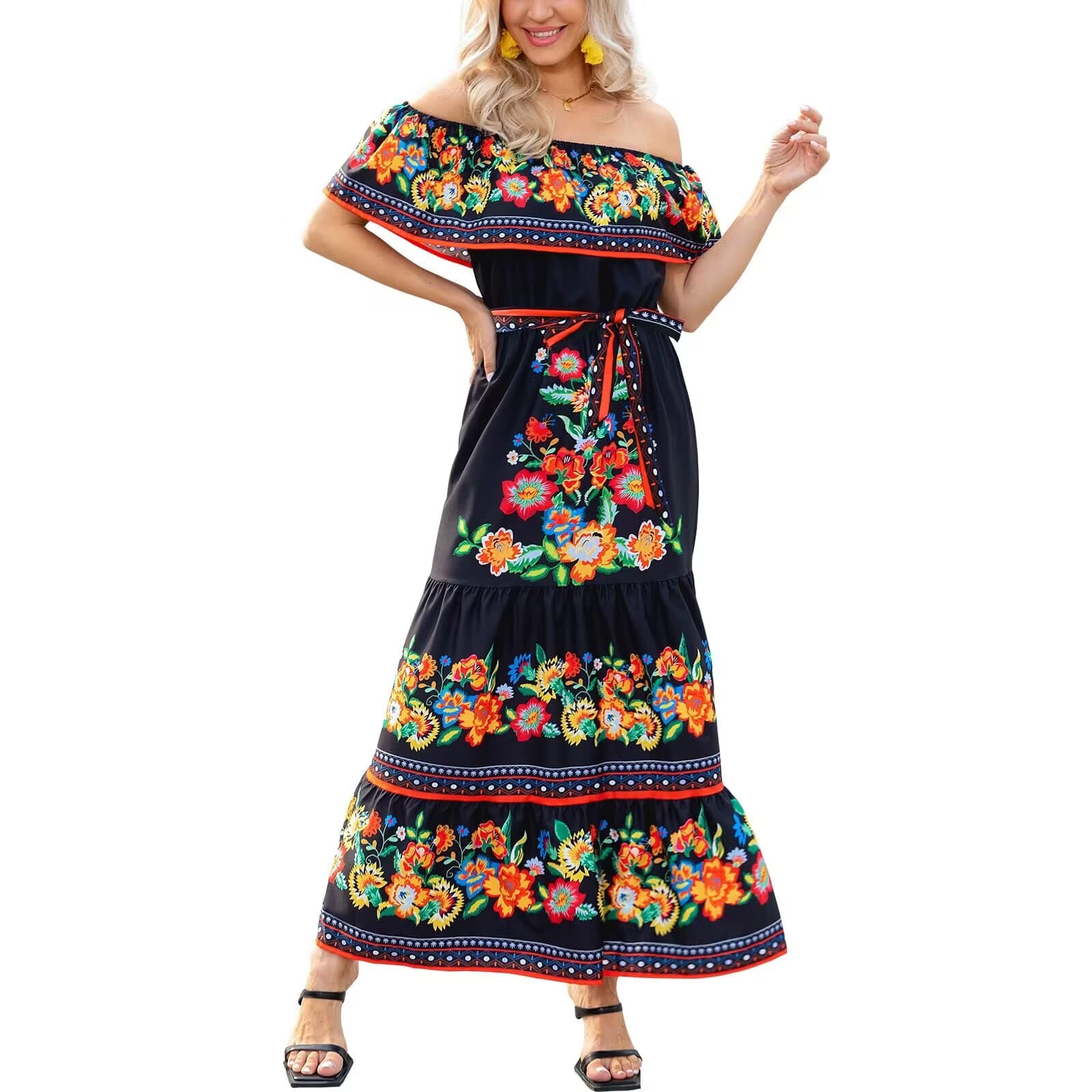 Mexican Floral Print Off The Shoulder Maxi Dress for Women
