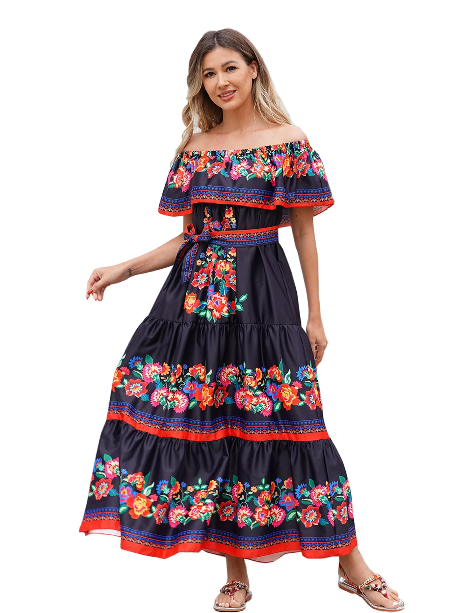 Mexican Floral Off Shoulder Maxi Dress for Women