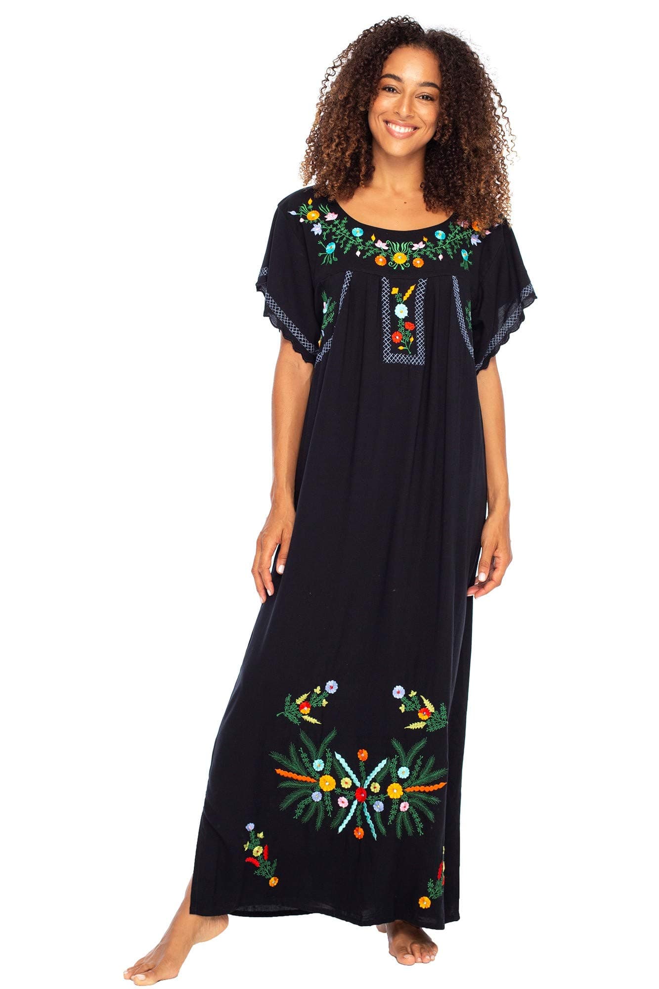 Mexican Embroidered Floral Maxi Dress for Women