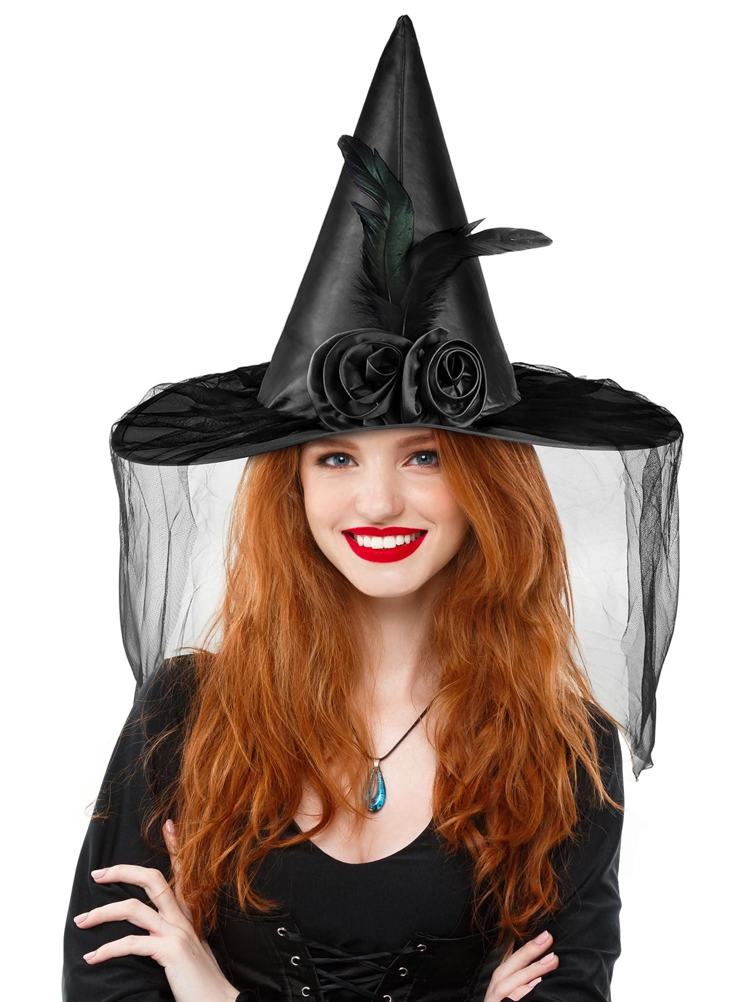 Women's Landisun Halloween Witch Hat with Half Veil