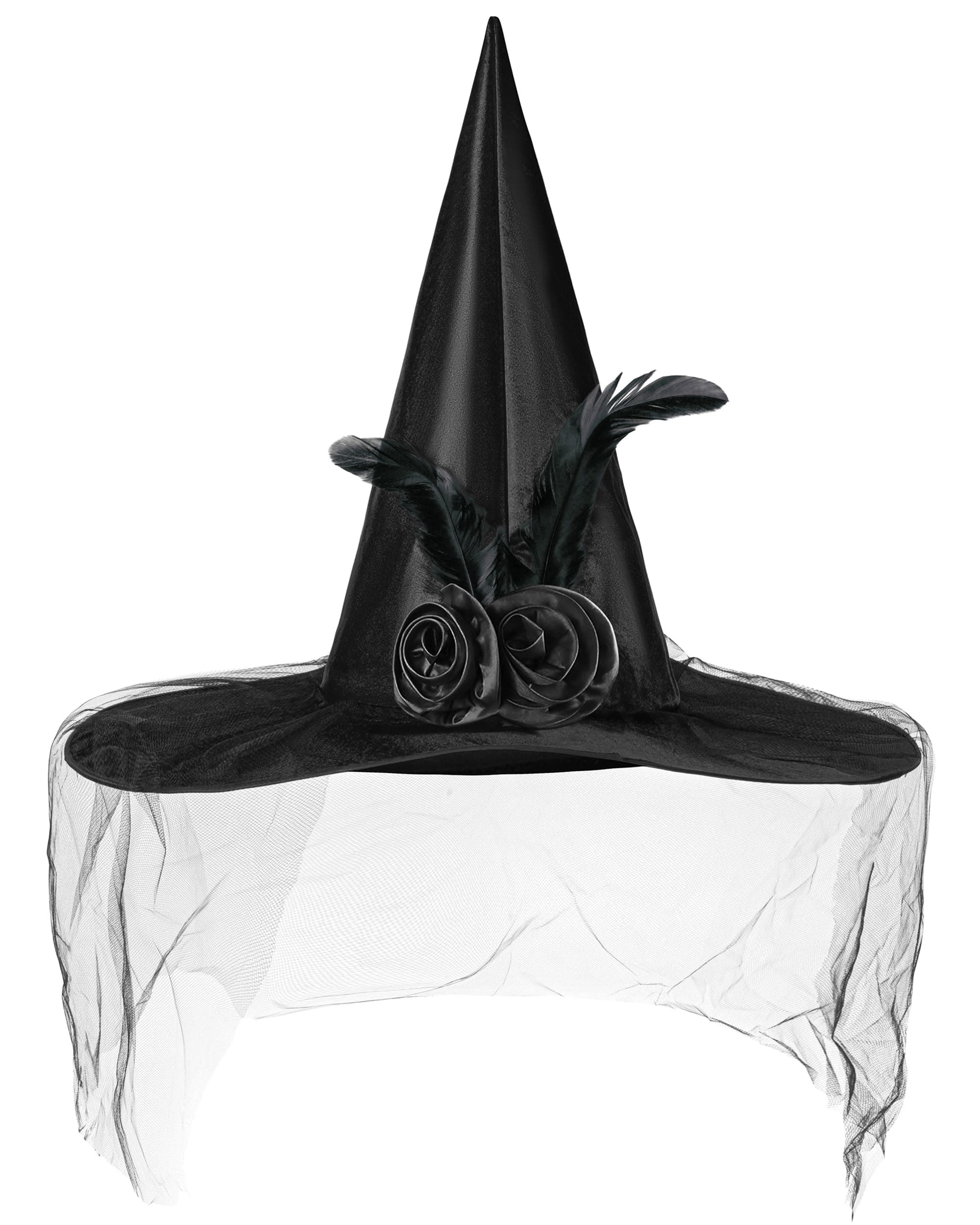 Women's Halloween Witch Hat with Veil, Roses, and Feathers for Cosplay Parties