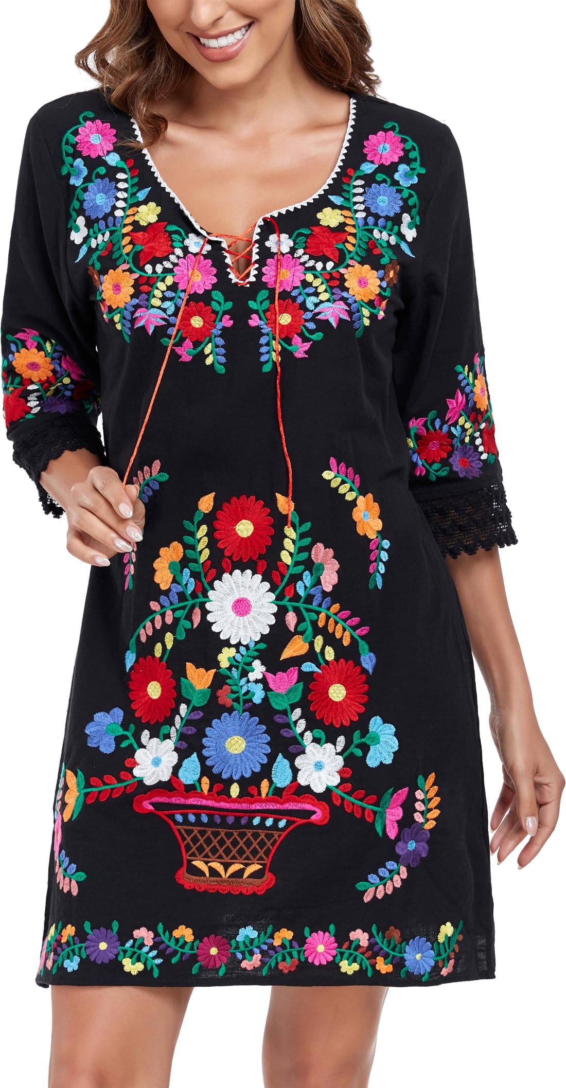 YZXDORWJ Women's Mexican V-Neck Fiesta Dress with Short Sleeves