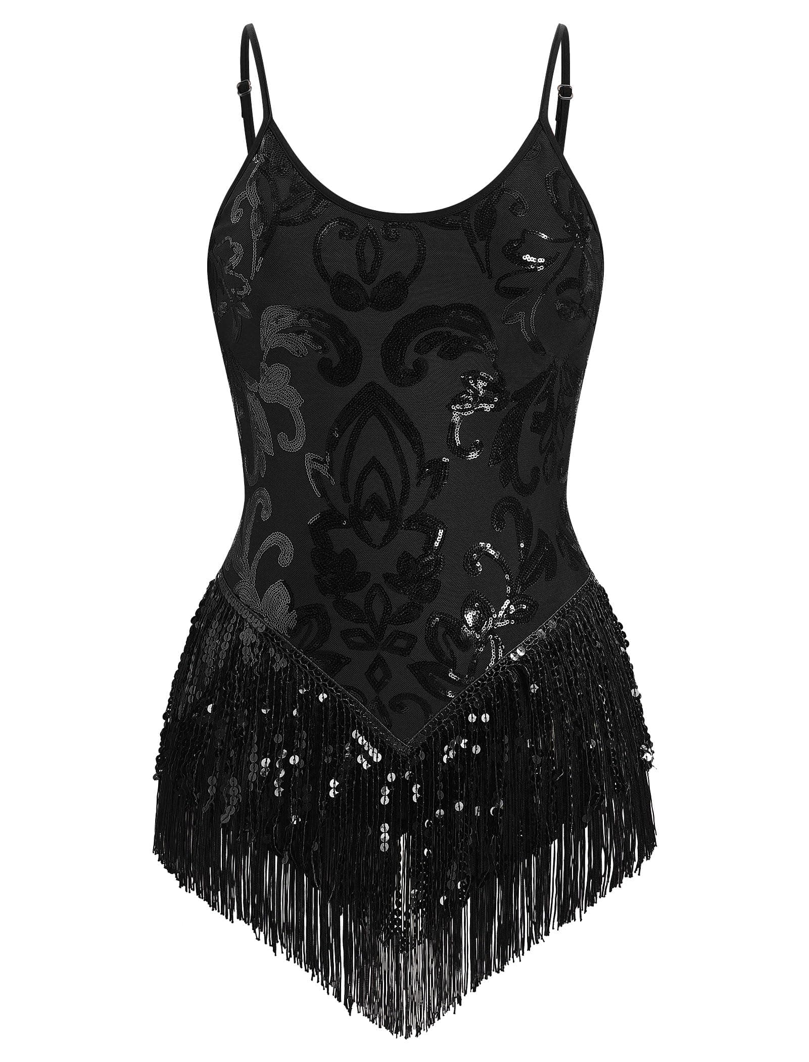 Sparkly Sequin Fringe Bodysuit for Women who Dance Latin Jazz and Samba