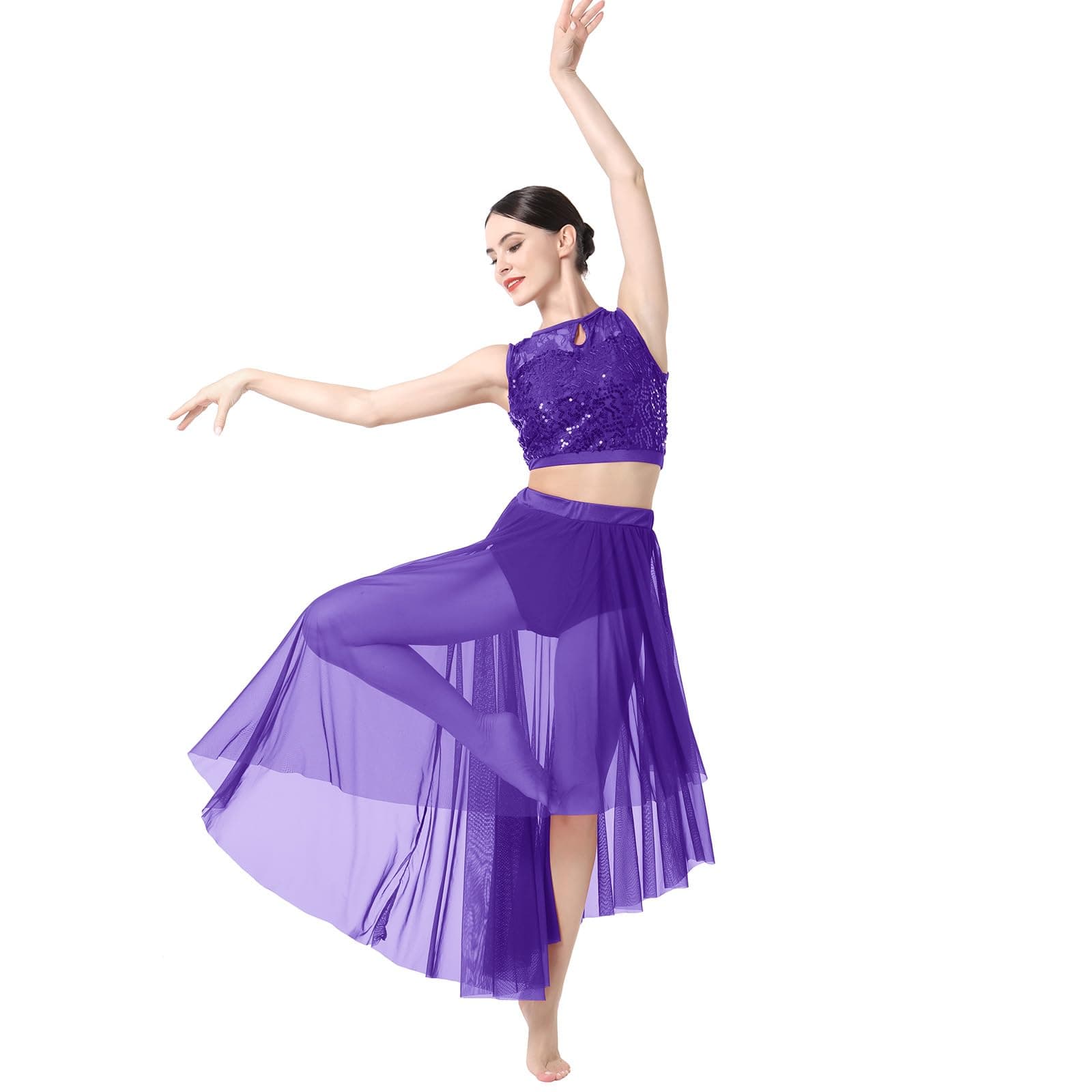 Sequin Lace Floral Crop Top and Flowy Mesh Tulle Skirt 2pcs Outfit for Lyrical Dance Costume